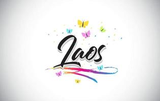 Laos Handwritten Vector Word Text with Butterflies and Colorful Swoosh.