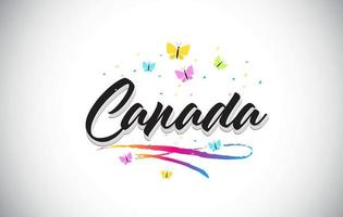 Canada Handwritten Vector Word Text with Butterflies and Colorful Swoosh.