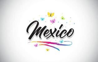 Mexico Handwritten Vector Word Text with Butterflies and Colorful Swoosh.