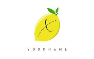 Handwritten X letter logo design with lemon background. vector