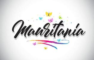 Mauritania Handwritten Vector Word Text with Butterflies and Colorful Swoosh.