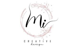 Handwritten MI M I letter logo with sparkling circles with pink glitter. vector