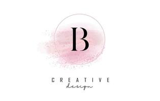 B letter logo design with glittery round frame and pink watercolor background. vector