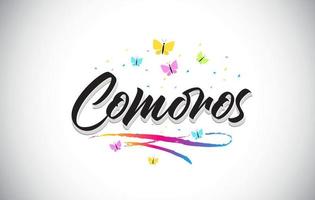 Comoros Handwritten Vector Word Text with Butterflies and Colorful Swoosh.