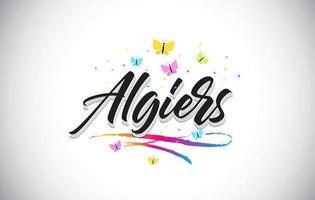 Algiers Handwritten Vector Word Text with Butterflies and Colorful Swoosh.