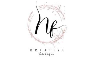 Handwritten NF N F letter logo with sparkling circles with pink glitter. vector