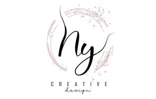 Logotipo de letra ny ny manuscrito con círculos brillantes con brillo rosa. vector