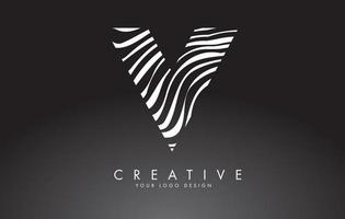 V Letter Logo Design with Fingerprint, black and white wood or Zebra texture on a Black Background. vector