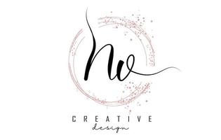 Handwritten NV N V letter logo with sparkling circles with pink glitter. vector