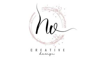 Handwritten NV N V letter logo with sparkling circles with pink glitter. vector