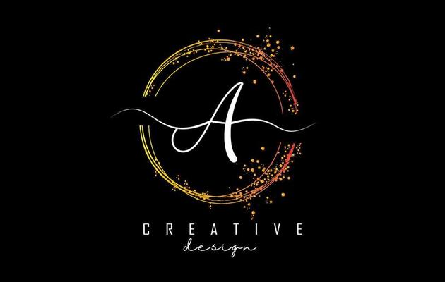 Golden sparkling circles and glitter frame for handwriting A letter logo.