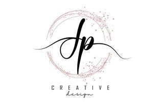 Handwritten JP J P letter logo with sparkling circles with pink glitter. vector