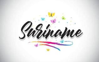 Suriname Handwritten Vector Word Text with Butterflies and Colorful Swoosh.