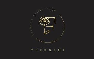 Golden Creative initial letter F logo with lettering circle and hand drawn rose. Floral element and elegant letter F. vector