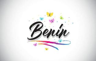 Benin Handwritten Vector Word Text with Butterflies and Colorful Swoosh.