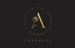 Golden Creative letter A logo with lettering circle and hand drawn rose. Floral element and elegant letter A. vector