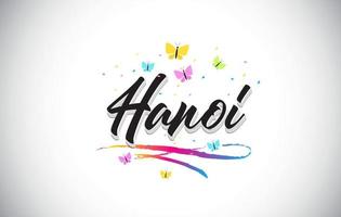 Hanoi Handwritten Vector Word Text with Butterflies and Colorful Swoosh.