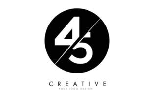 Diseño de logotipo de 45 4 5 números con un corte creativo y un fondo de círculo negro. vector