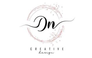 Handwritten Dn D n letter logo with sparkling circles with pink glitter. vector