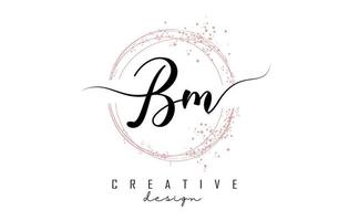 Handwritten BM B M letter logo with sparkling circles with pink glitter. vector