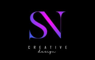 Colorful pink and blue SN s n letters design logo logotype concept with serif font and elegant style vector illustration.