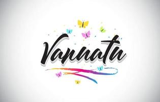 Vanuatu Handwritten Vector Word Text with Butterflies and Colorful Swoosh.