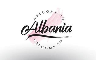Albania bienvenido al texto con pincelada rosa acuarela vector