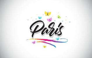 Paris Handwritten Vector Word Text with Butterflies and Colorful Swoosh.