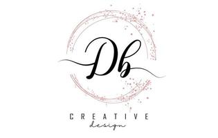 Handwritten Db D b letter logo with sparkling circles with pink glitter. vector