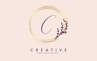 Handwritten C Letter logo design with golden circles and purple leaves on branches around. Vector Illustration with C letter.