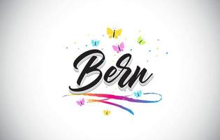 Bern Handwritten Vector Word Text with Butterflies and Colorful Swoosh.