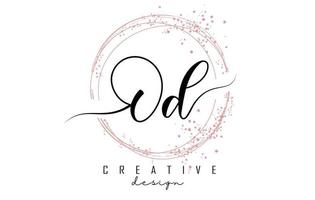 Handwritten OD O D letter logo with sparkling circles with pink glitter. vector