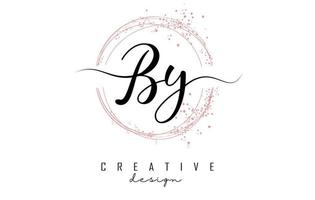 Handwritten BY B Y letter logo with sparkling circles with pink glitter. vector