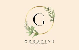 G Letter logo design with golden circles and green leaves on branches around. Vector Illustration with G letter.