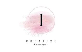 I letter logo design with glittery round frame and pink watercolor background. vector