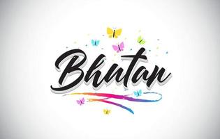 Bhutan Handwritten Vector Word Text with Butterflies and Colorful Swoosh.