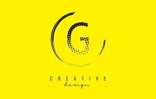 G letter logo design with black dots and circle frame on bright yellow background. vector