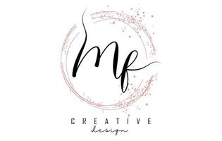 Handwritten MF M F letter logo with sparkling circles with pink glitter. vector