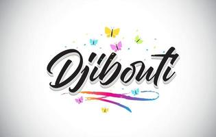 Djibouti Handwritten Vector Word Text with Butterflies and Colorful Swoosh.