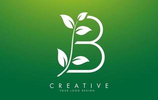 Diseño de logotipo de letra b de hoja blanca con hojas en una rama y fondo verde. letra b con concepto de naturaleza. vector