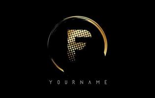 Golden F letter logo design with golden dots and circle frame on black background. vector