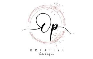 Handwritten Op O p letter logo with sparkling circles with pink glitter. vector