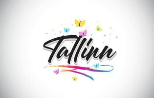 Tallinn Handwritten Vector Word Text with Butterflies and Colorful Swoosh.