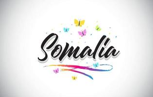 Somalia texto de palabra vectorial manuscrita con mariposas y colorido swoosh. vector