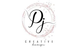 Handwritten Pj P j letter logo with sparkling circles with pink glitter. vector