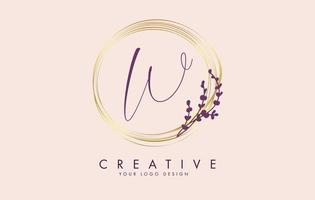 Handwritten W Letter logo design with golden circles and purple leaves on branches around. Vector Illustration with W letter.