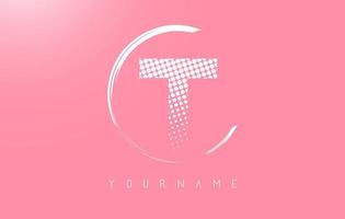 White T letter logo design with white dots and white circle frame on pink background. vector