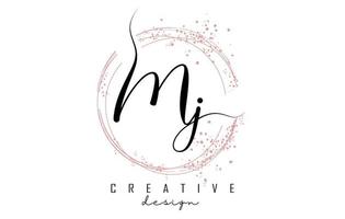 Handwritten MJ M J letter logo with sparkling circles with pink glitter. vector