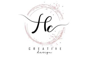 Handwritten HC H C letter logo with sparkling circles with pink glitter. vector