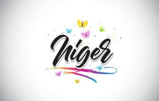 Niger Handwritten Vector Word Text with Butterflies and Colorful Swoosh.